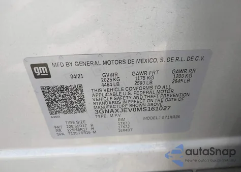 2021 Chevrolet Equinox Fwd 2Fl from USA, damaged, VIN 3GNAXJEV0MS161027